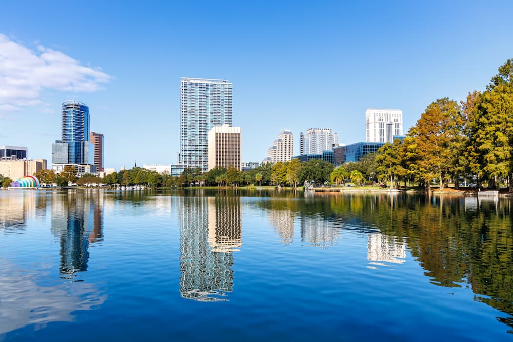 Orlando skyline at Lake Eola Park downtown in fall autumn season in Florida in the United States